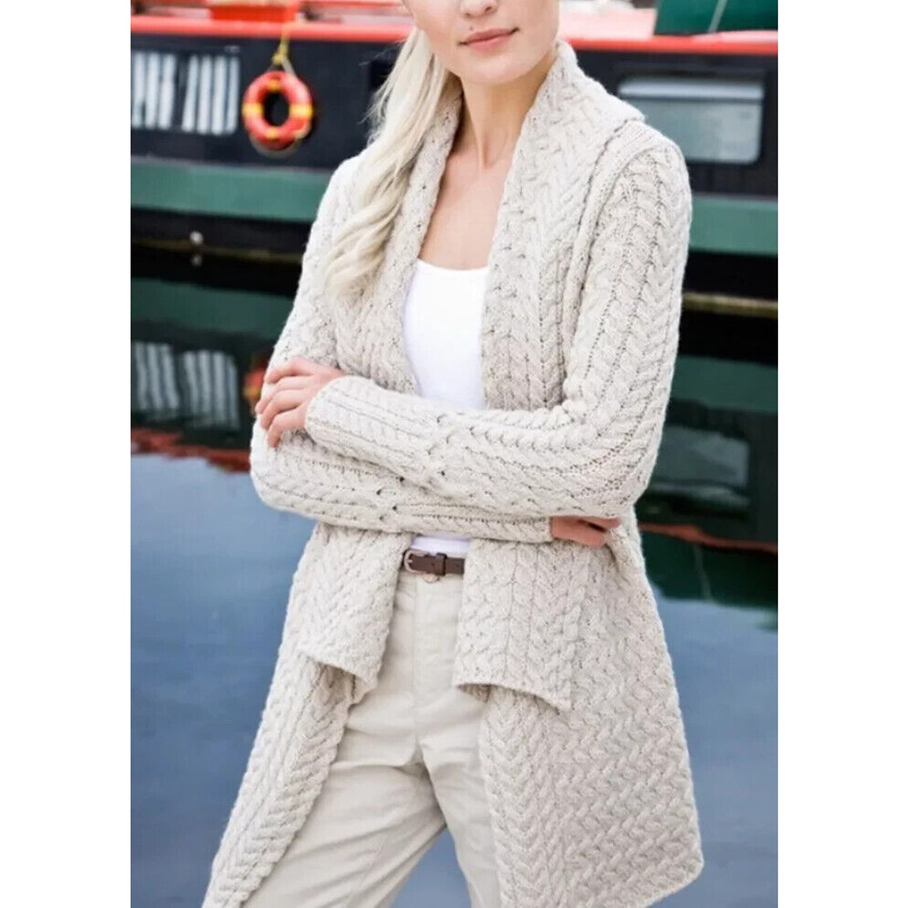IrelandsEye Glenross Waterfall Cardigan Sweater Wool Natural Chunky Knit Medium - Picture 3 of 16